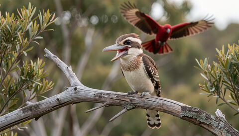A laughing kookaburra perches on a weathered branch with a crimson rosella flying behind in coastal bush
