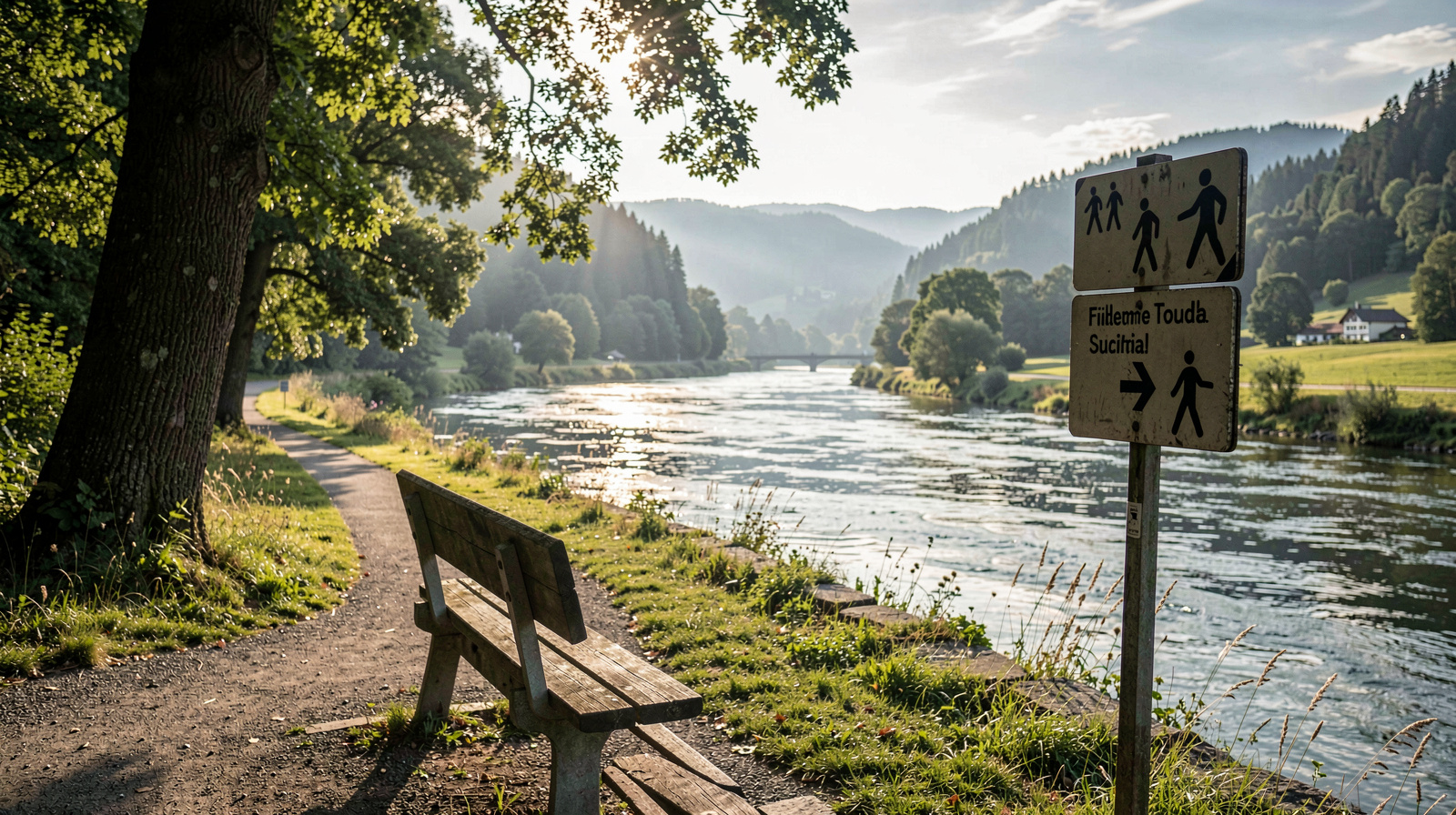 A quiet riverside path in the Fulda valley on a Sunday morning, low sunlight through riverside trees, a wooden bench and a marked walking sign in the foreground, wide landscape framing.'s length, the beam catching one dilated pupil, a paper certificate and pen on the bench beside them.