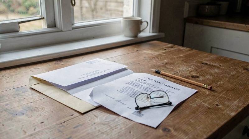 A kitchen table by a window in morning light with an opened envelope, a paper statement, reading glasses and a pencil