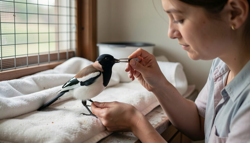 A shaded examination room at dusk, a young border collie standing on a non slip mat while a vet holds an ophthalmoscope at arm's length, the beam catching one dilated pupil, a paper certificate and pen on the bench beside them.