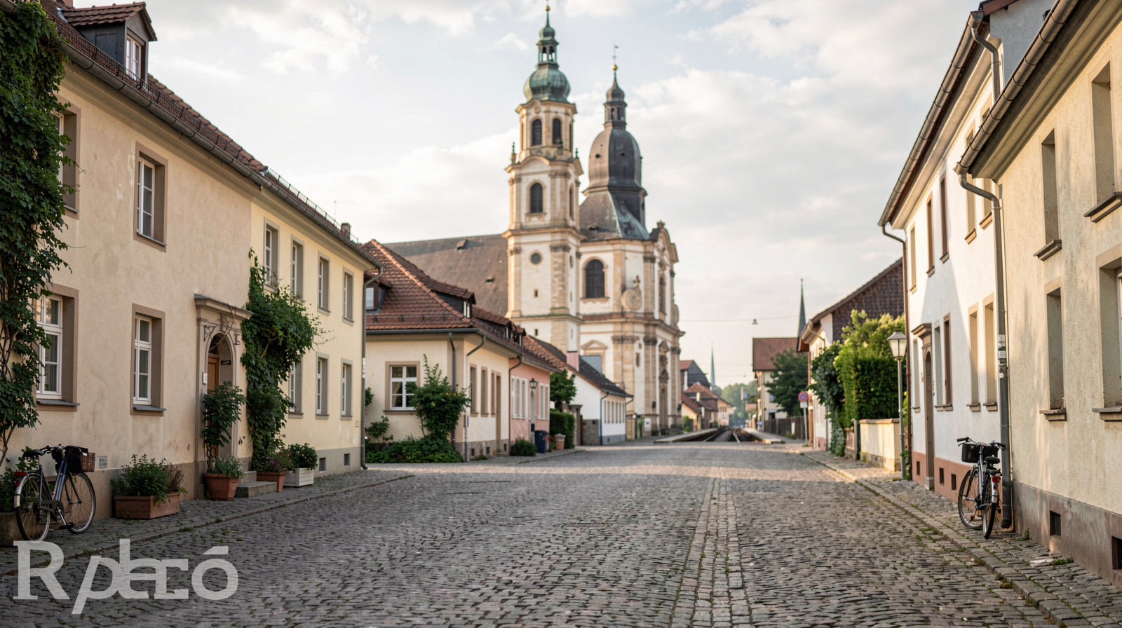 A quiet German town square in late summer morning light, with a baroque church tower behind low houses, a bicycle leaning against a wall, and a railway platform visible at the far end of the street, shot from eye level with a wide framing.'s length, the beam catching one dilated pupil, a paper certificate and pen on the bench beside them.